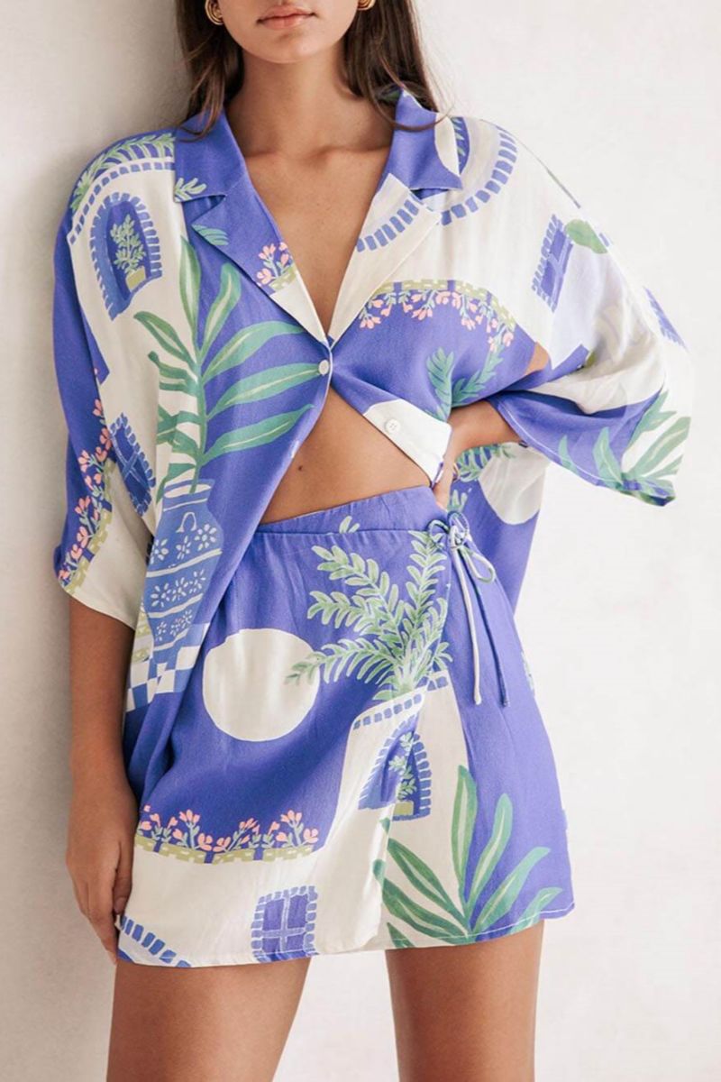 Unique Print Loose Shirt Elastic Wrap Skirt Set