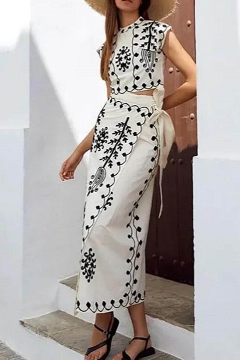 Ethnic Print Top & Tire-up Wrap Midi Skirts Set