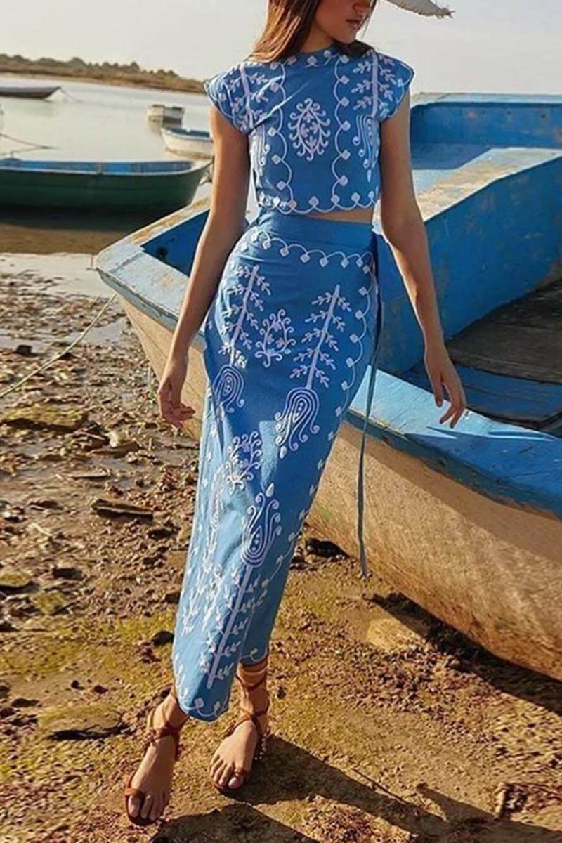 Ethnic Print Top & Tire-up Wrap Midi Skirts Set