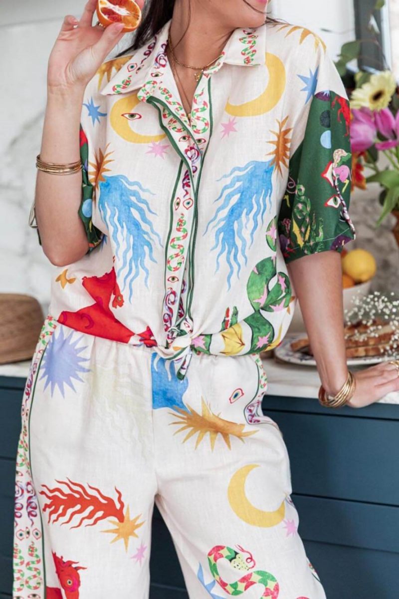 Unique Print Short Sleeve Loose Shirt Pants Set