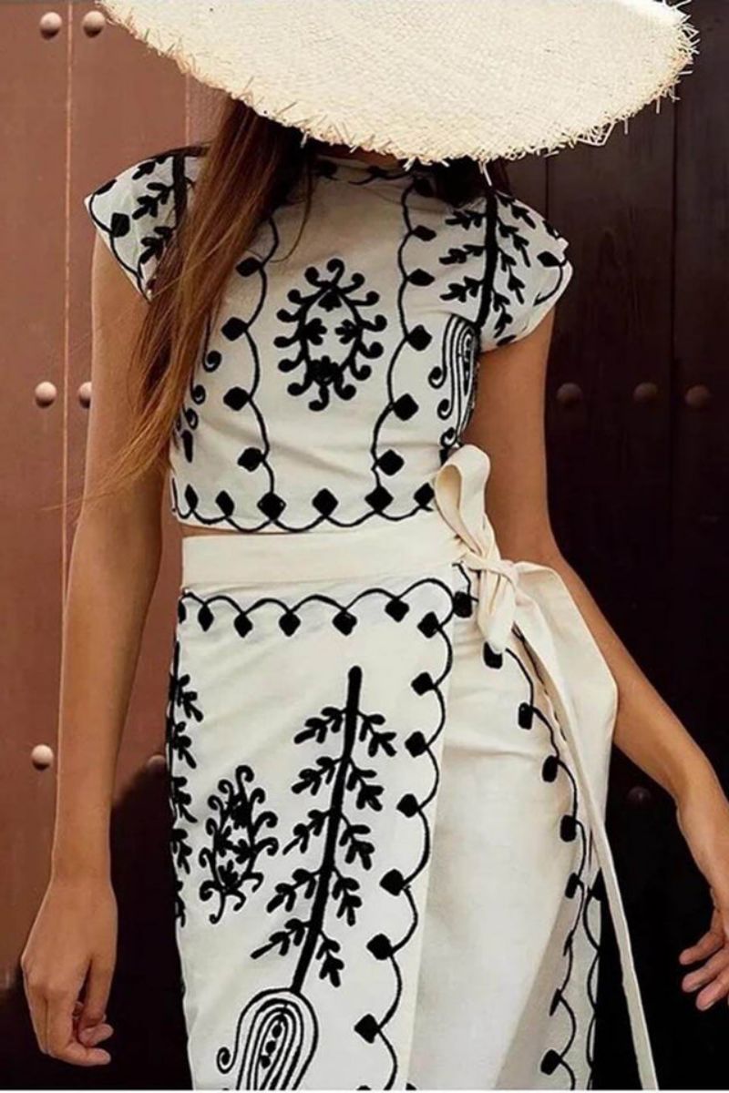Ethnic Print Top & Tire-up Wrap Midi Skirts Set