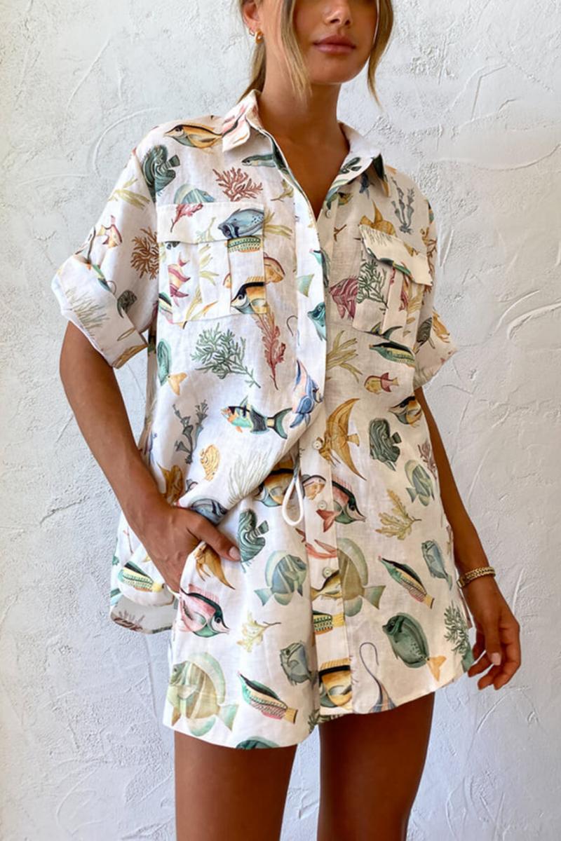 Fish Print Short Sleeve Shirt Tie-Dye Shorts Set