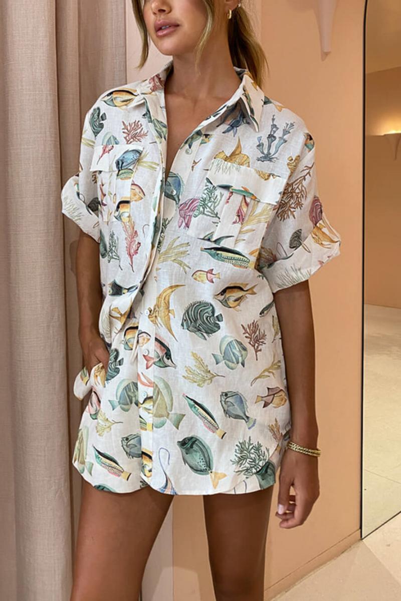 Fish Print Short Sleeve Shirt Tie-Dye Shorts Set