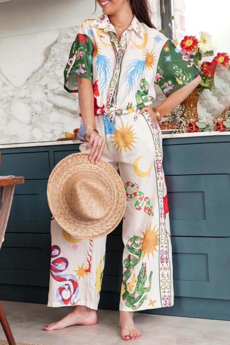 Unique Print Short Sleeve Loose Shirt Pants Set