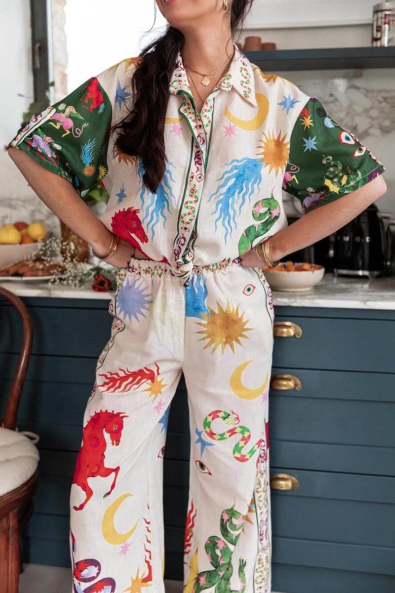 Unique Print Short Sleeve Loose Shirt Pants Set