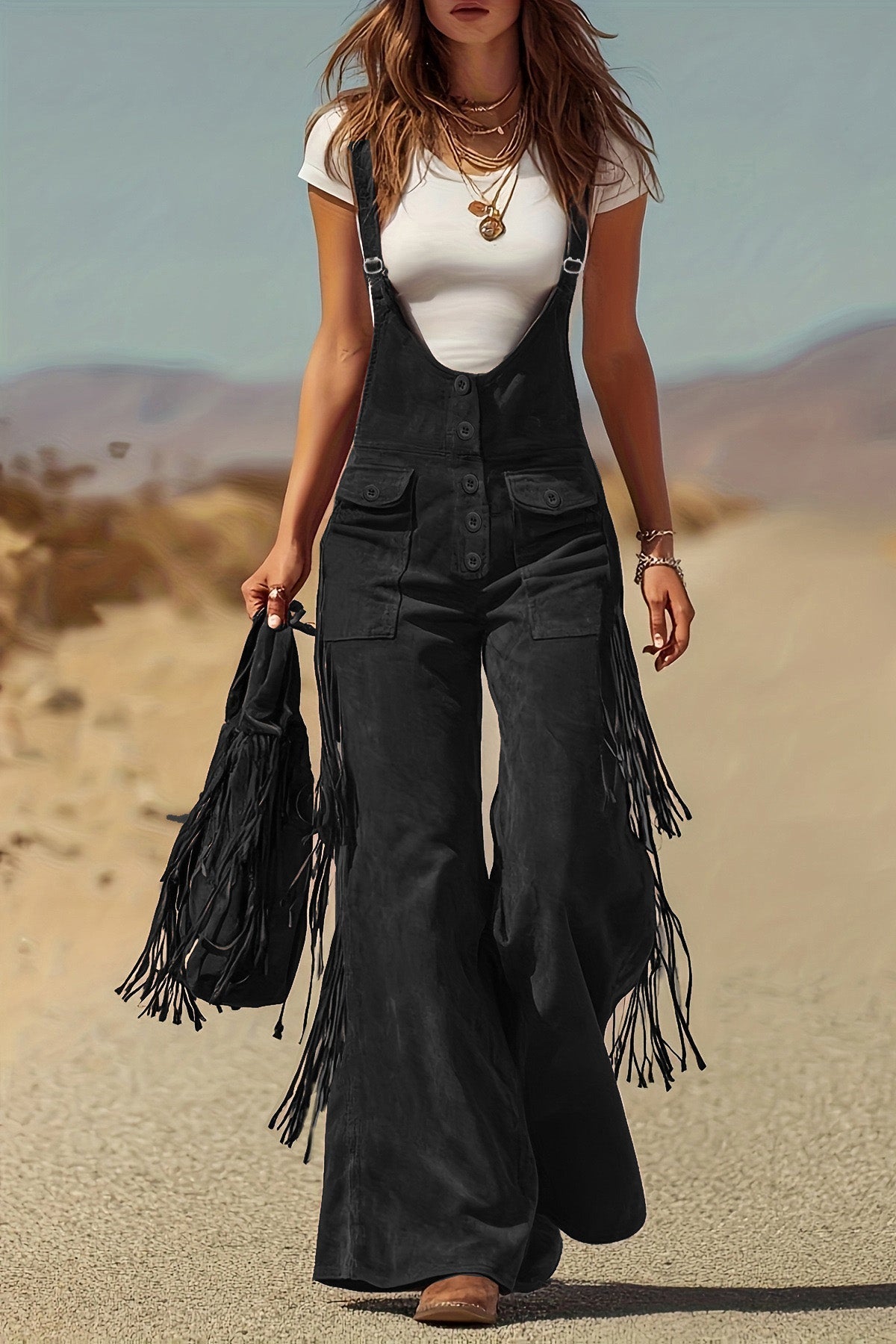 Boho Fringe Micro-Suede Overalls