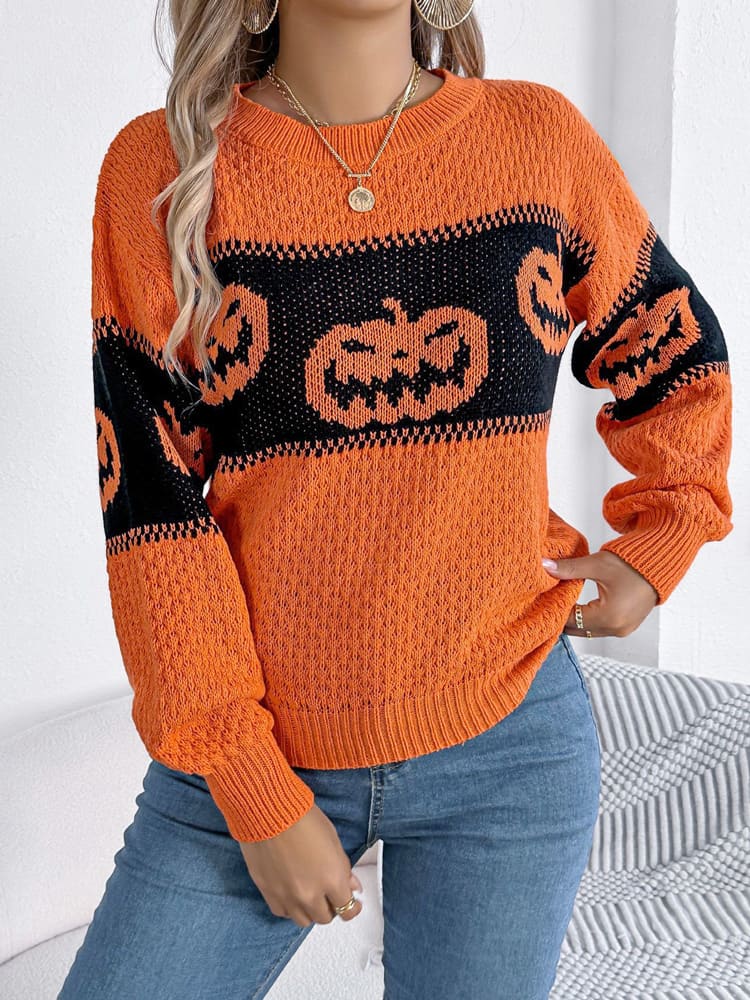 Halloween Pumpkin Head Crew Neck Knit Sweater
