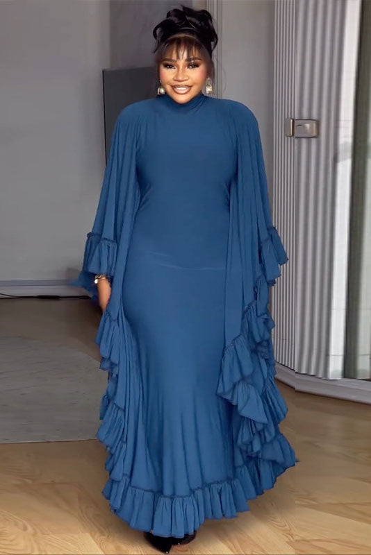 Batwing Sleeve Ruffle Trim Maxi Dress