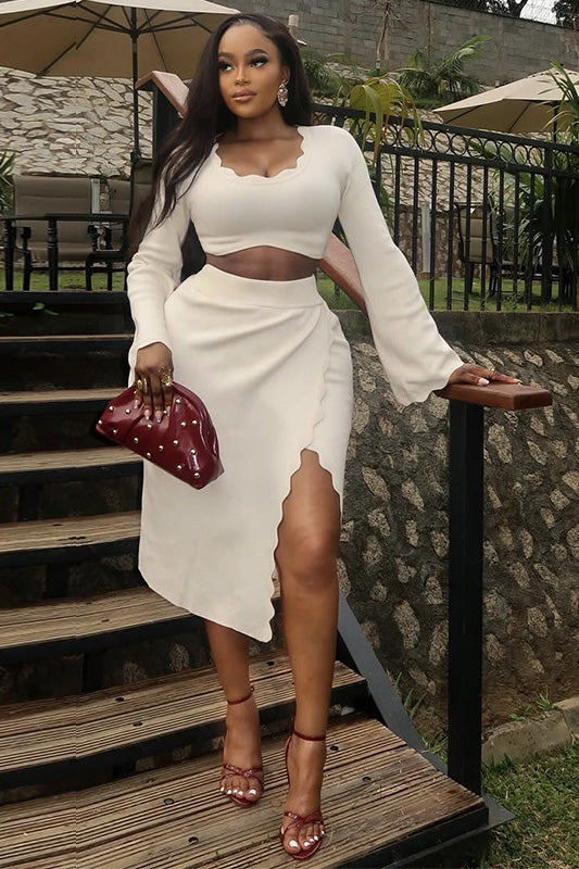 Soft Ivory Draped V-Neck Skirt Set