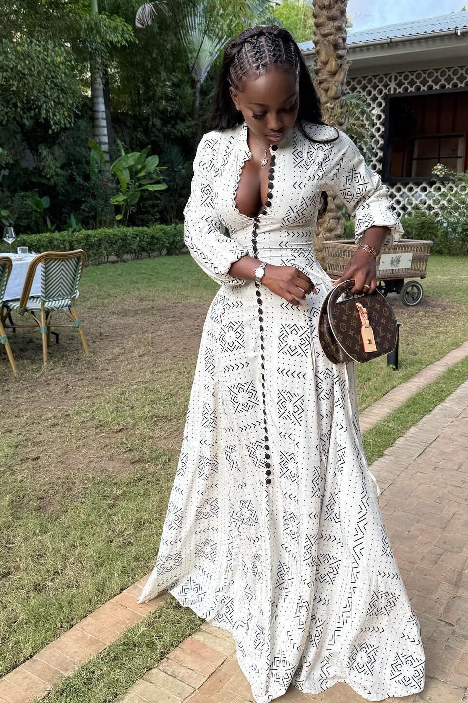 White Geo Print Long Sleeve Gown