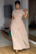 Cowl Neck Button Placket Nude Maxi Dress