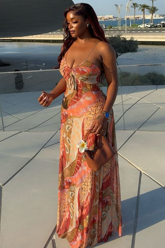 Boho Abstract Floral Mesh Slip Maxi Dress