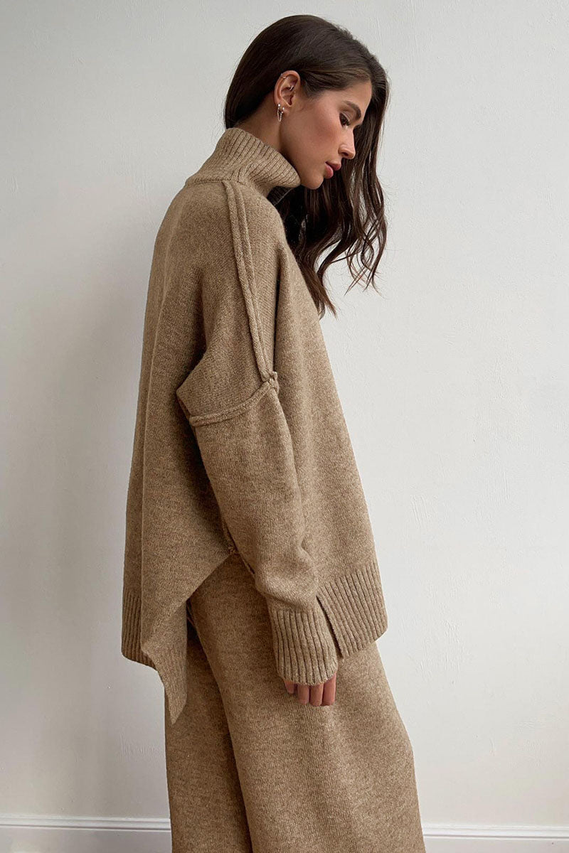 Turtleneck Split Sweater Loose Knit Pants Set