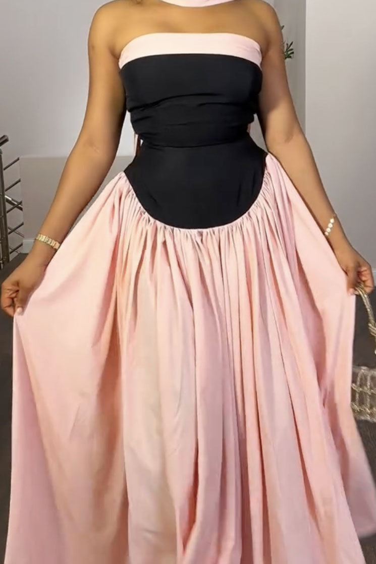 Strapless Flowy Contrast Color Maxi Dress