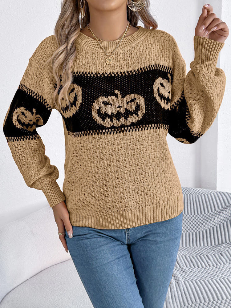 Halloween Pumpkin Head Crew Neck Knit Sweater