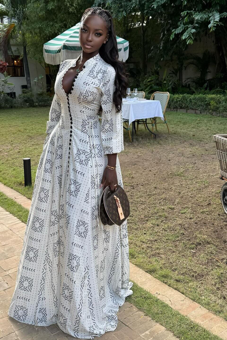White Geo Print Long Sleeve Gown