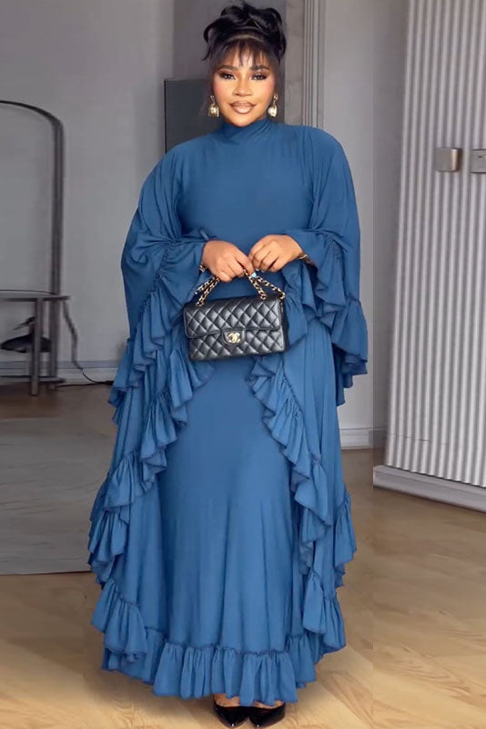 Batwing Sleeve Ruffle Trim Maxi Dress
