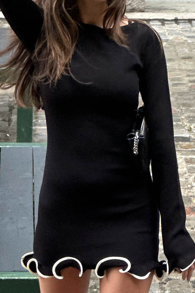 French-Inspired Ruffle Edge Knit Mini Dress