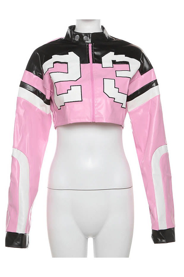Embroidered Biker Faux Leather Jacket