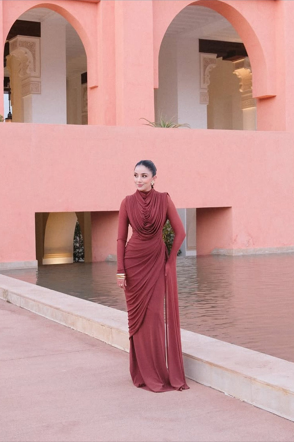 Sophisticated Terracotta Pleated Maxi Dress