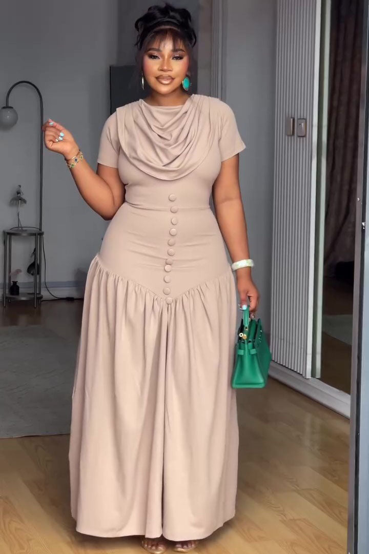 Cowl Neck Button Placket Nude Maxi Dress