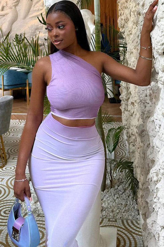 Gradient One-Shoulder Sheer Skirt Set