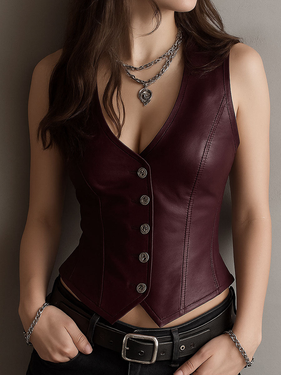 Sharp V-Neck Black Eco Leather Waistcoat