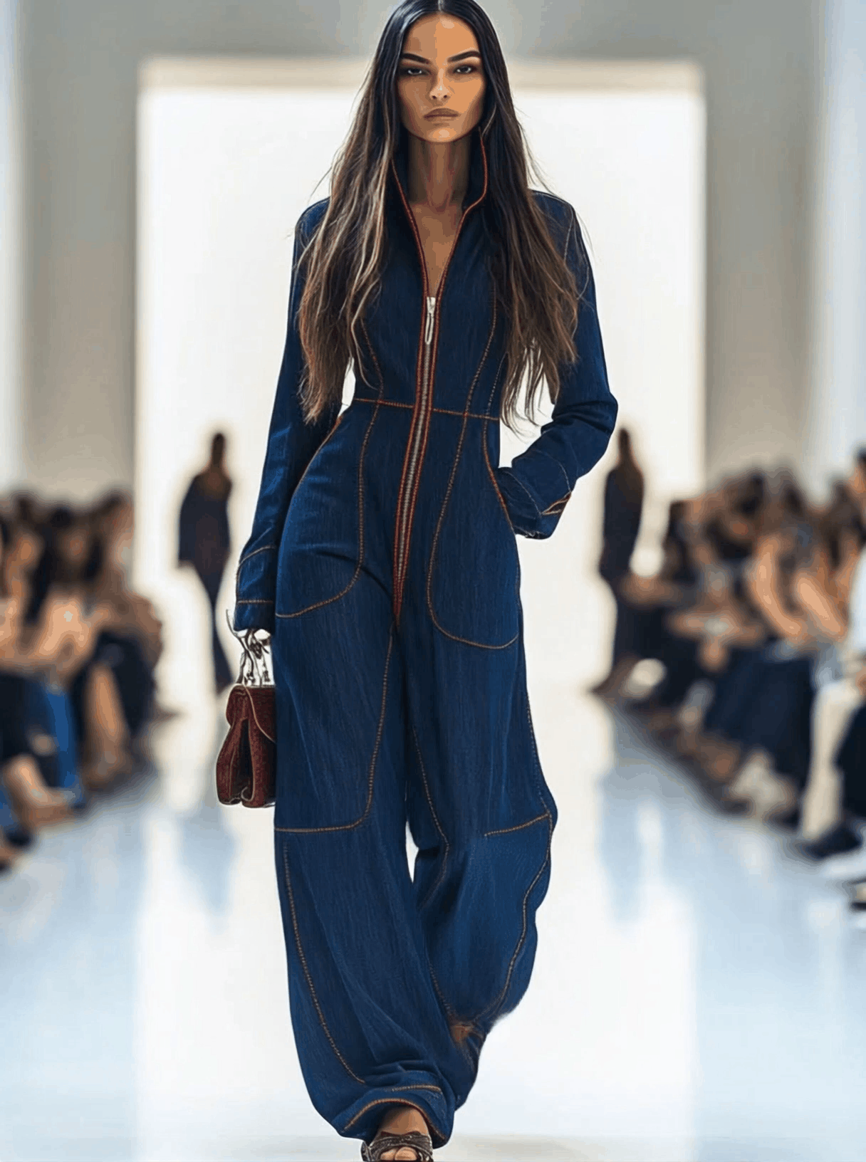Loose Red Denim Wide Leg Long Sleeve Jumpsuit