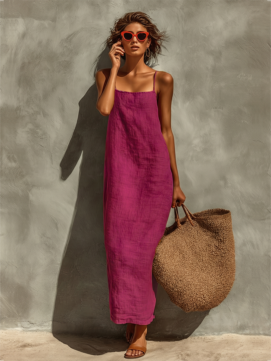 Red Cotton Square Neck Spaghetti Strap Dress