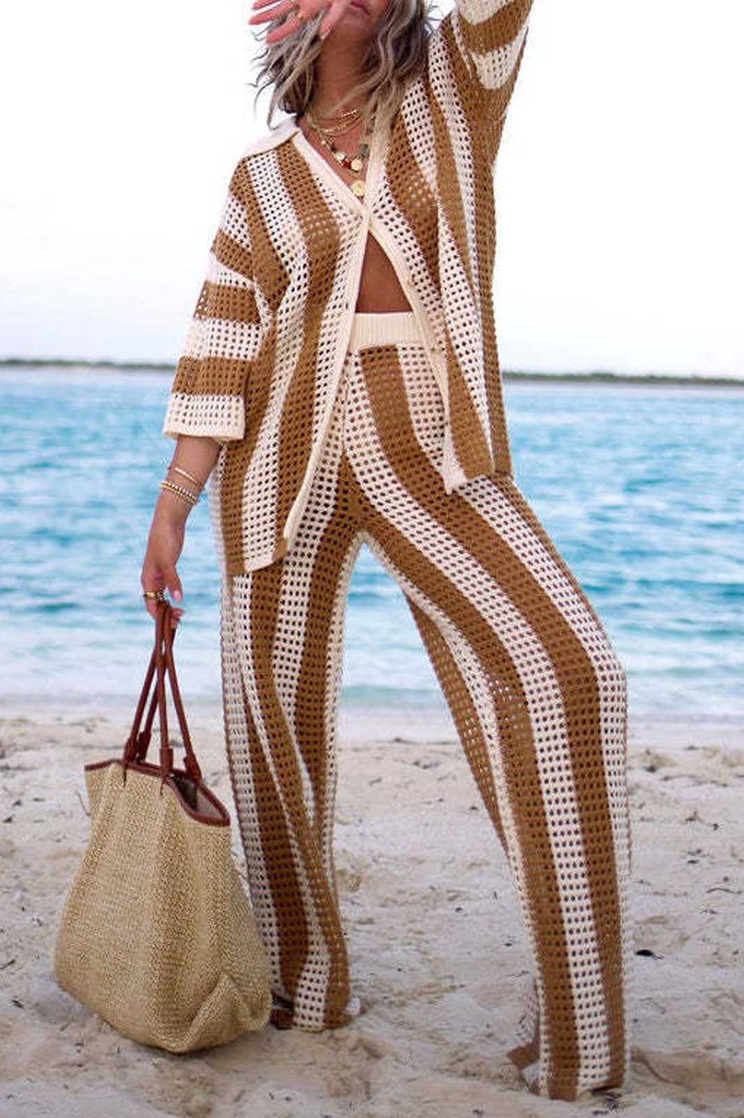 Hollow Striped Shirt Knit Set