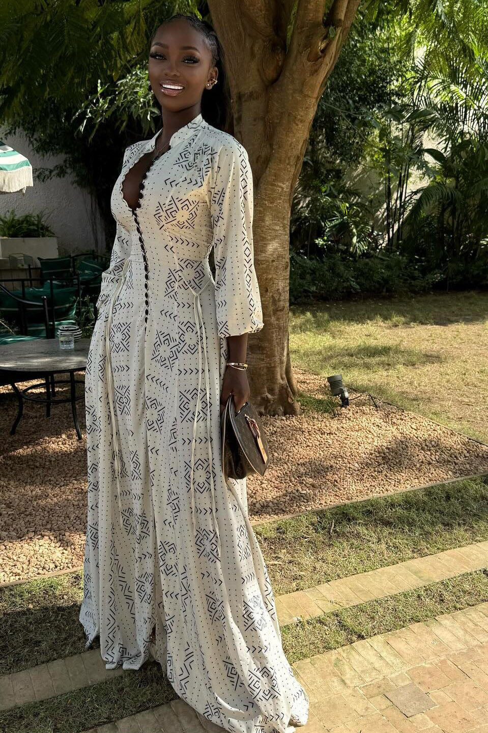White Geo Print Long Sleeve Gown
