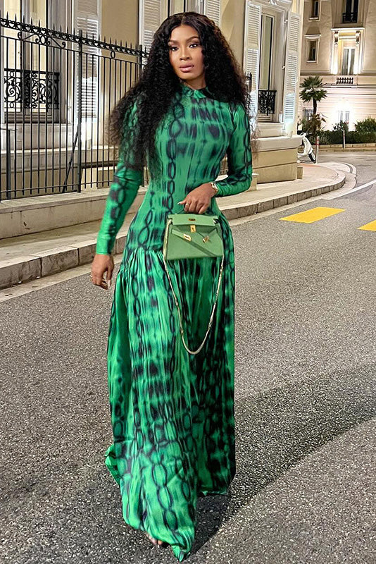 Emerald Animal Texture Flowy Maxi Dress