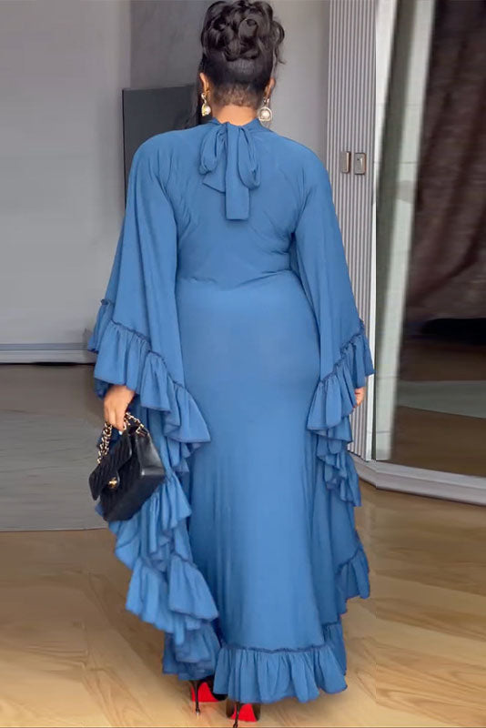 Batwing Sleeve Ruffle Trim Maxi Dress