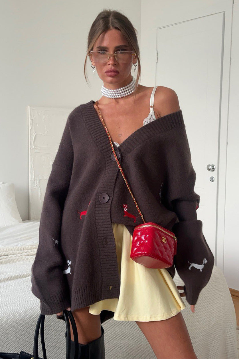 V-neck Dachshund Knit Cardigan