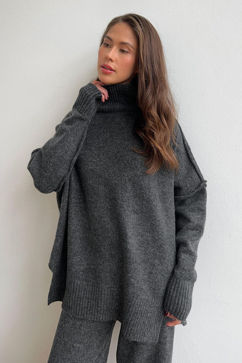 Turtleneck Split Sweater Loose Knit Pants Set
