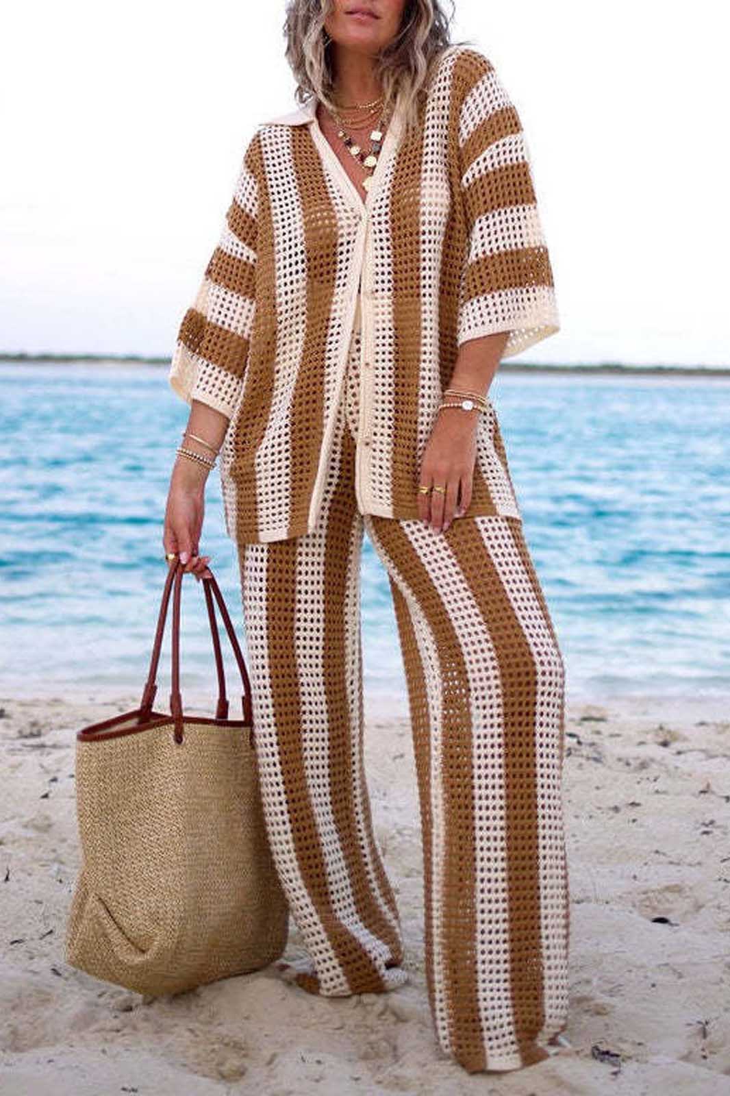 Hollow Striped Shirt Knit Set