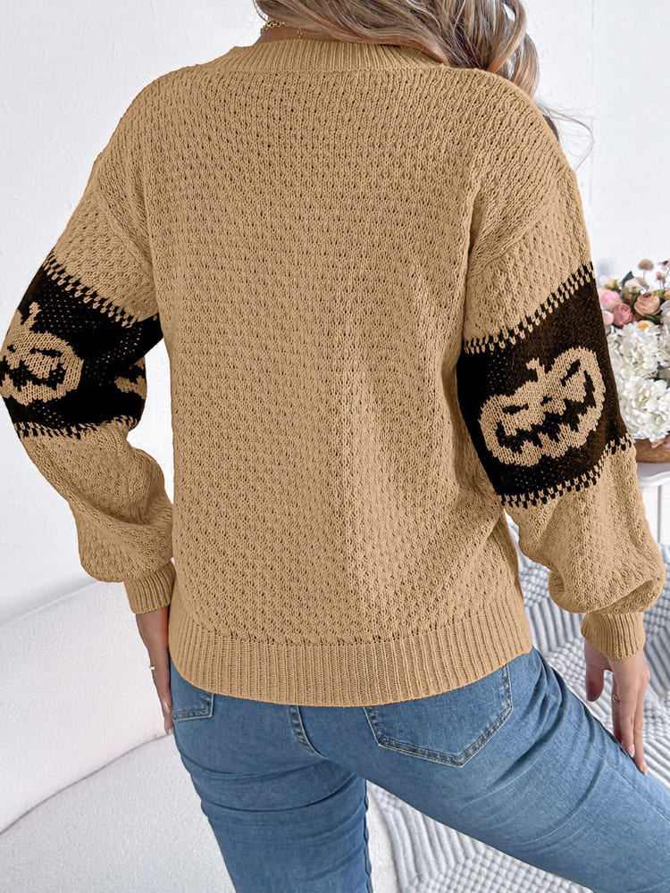 Halloween Pumpkin Head Crew Neck Knit Sweater