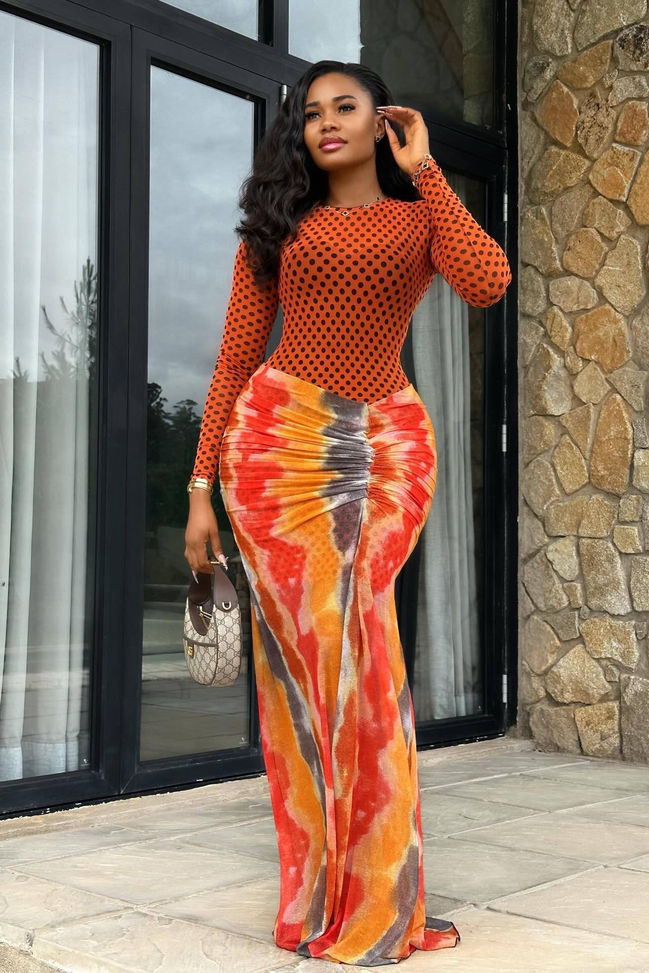 Warm Tone Polka Dot Long Sleeve Maxi Dress