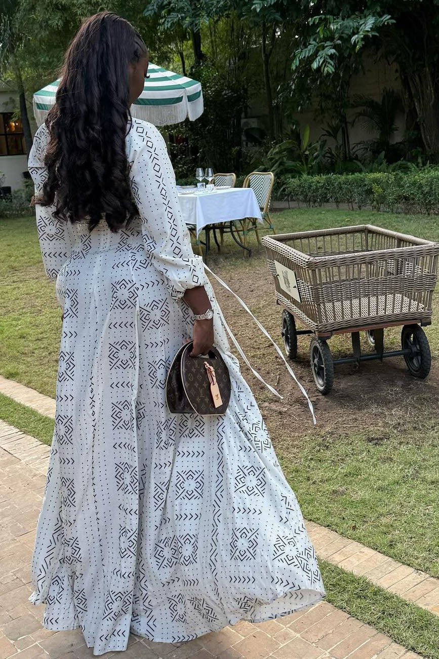 White Geo Print Long Sleeve Gown