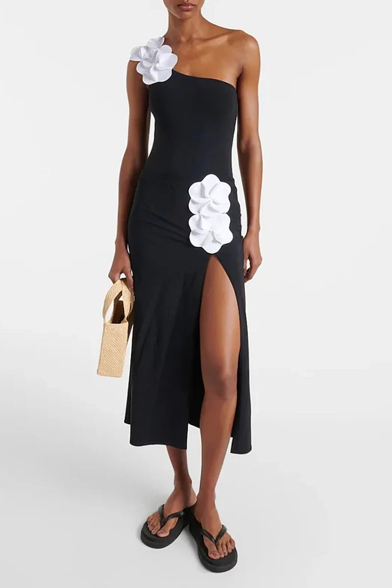 3D Floral One-Shoulder Black Swimsuit
