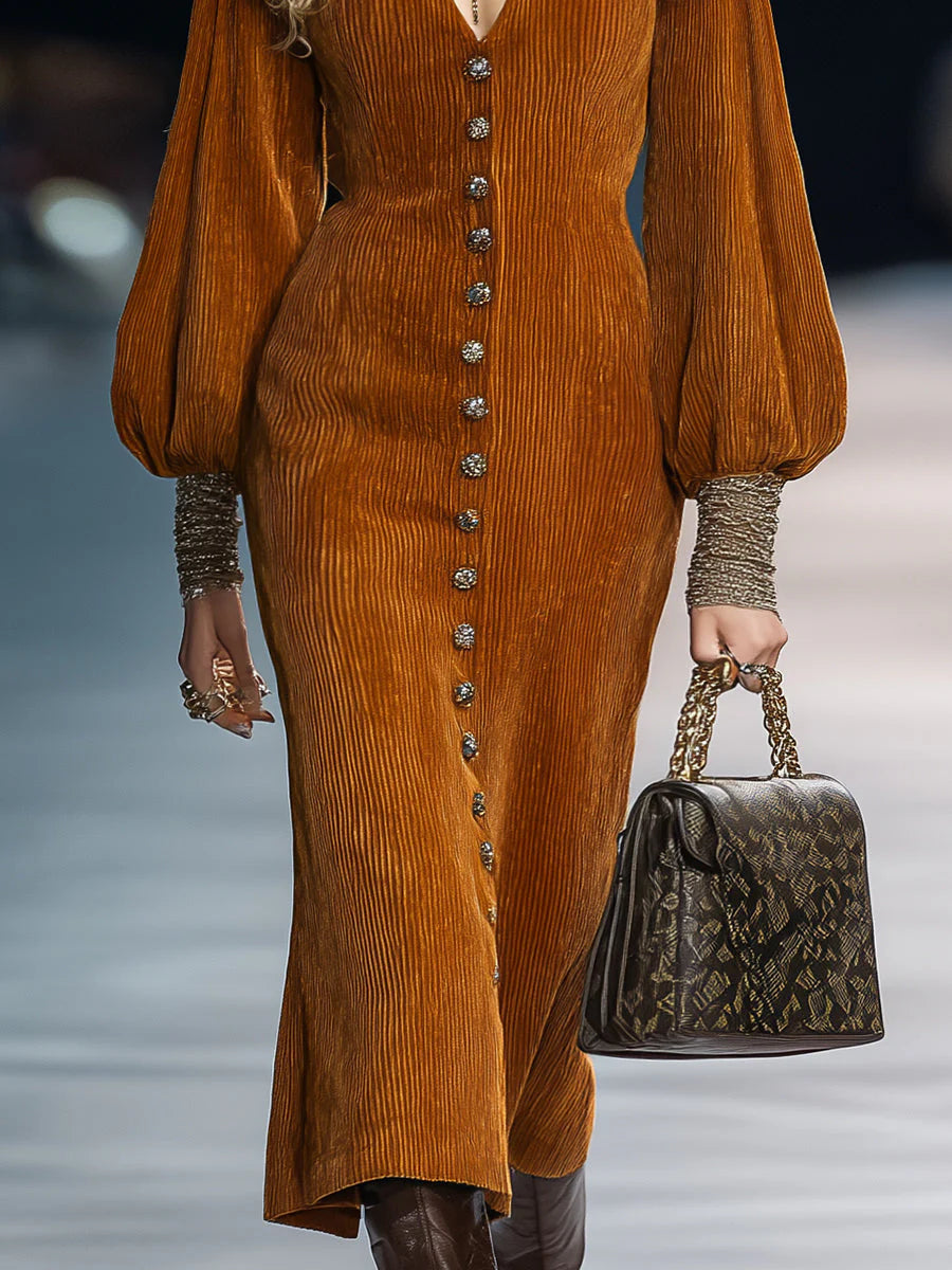 Vintage Puff Sleeve Brown Corduroy Midi Dress