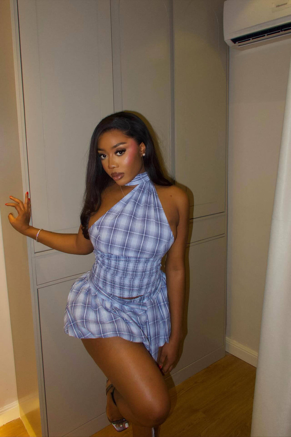 Smocked Waist Plaid Skirt Set
