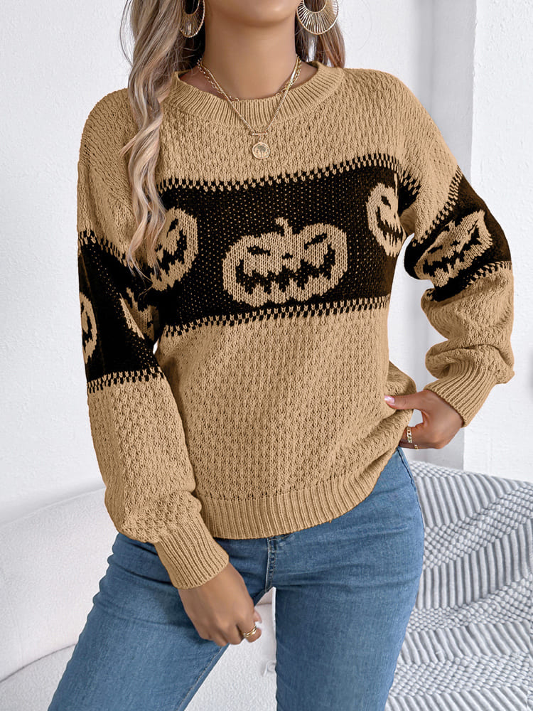 Halloween Pumpkin Head Crew Neck Knit Sweater