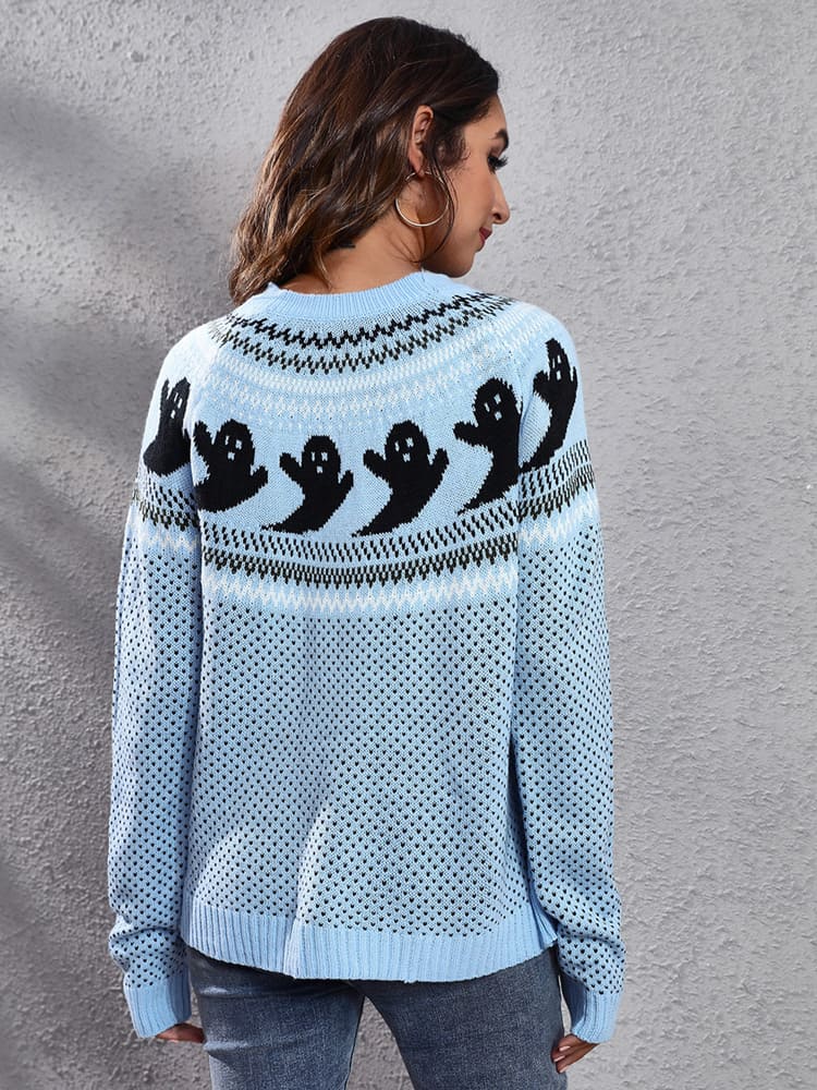 Literary Retro Ghost Pattern Neck Knitted Sweater