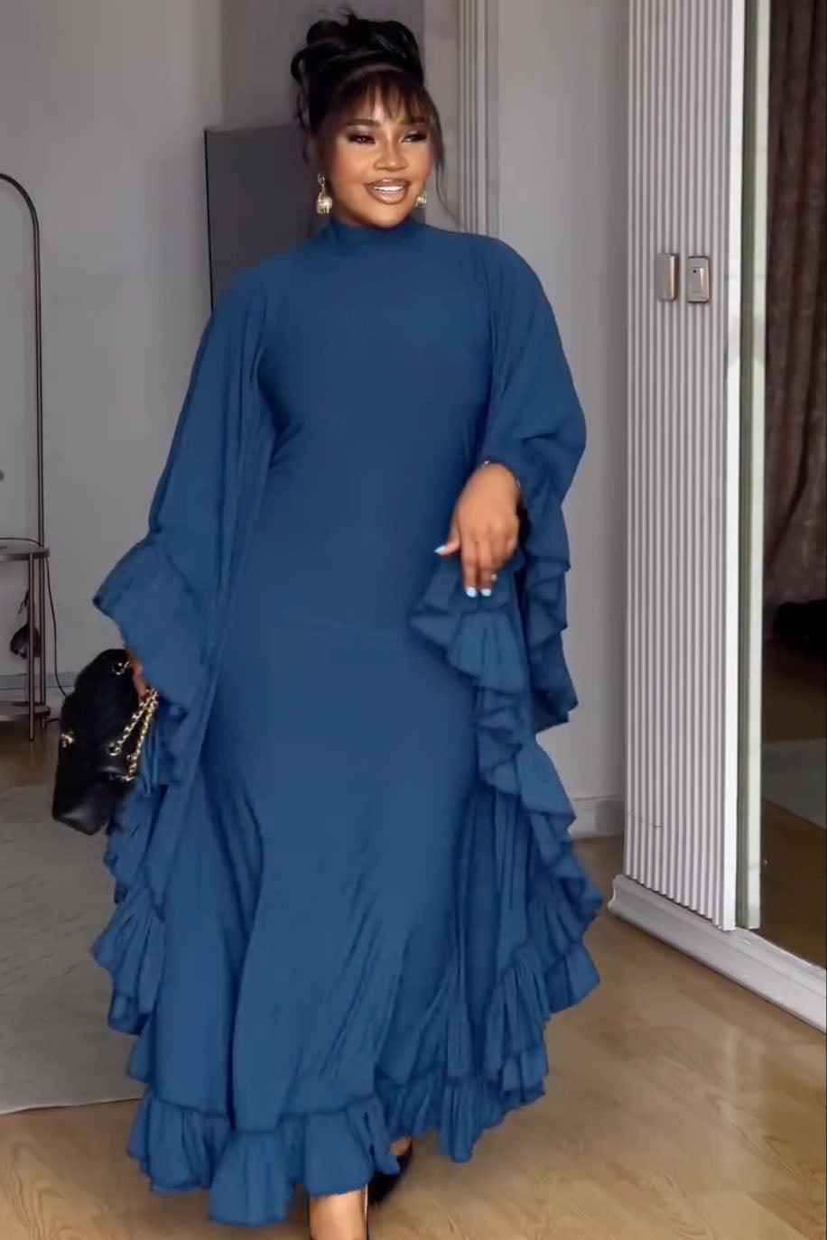 Batwing Sleeve Ruffle Trim Maxi Dress