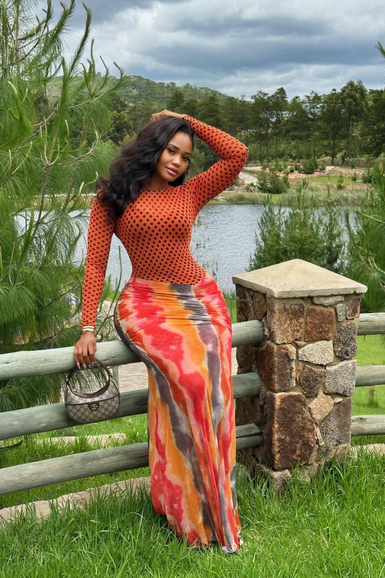 Warm Tone Polka Dot Long Sleeve Maxi Dress