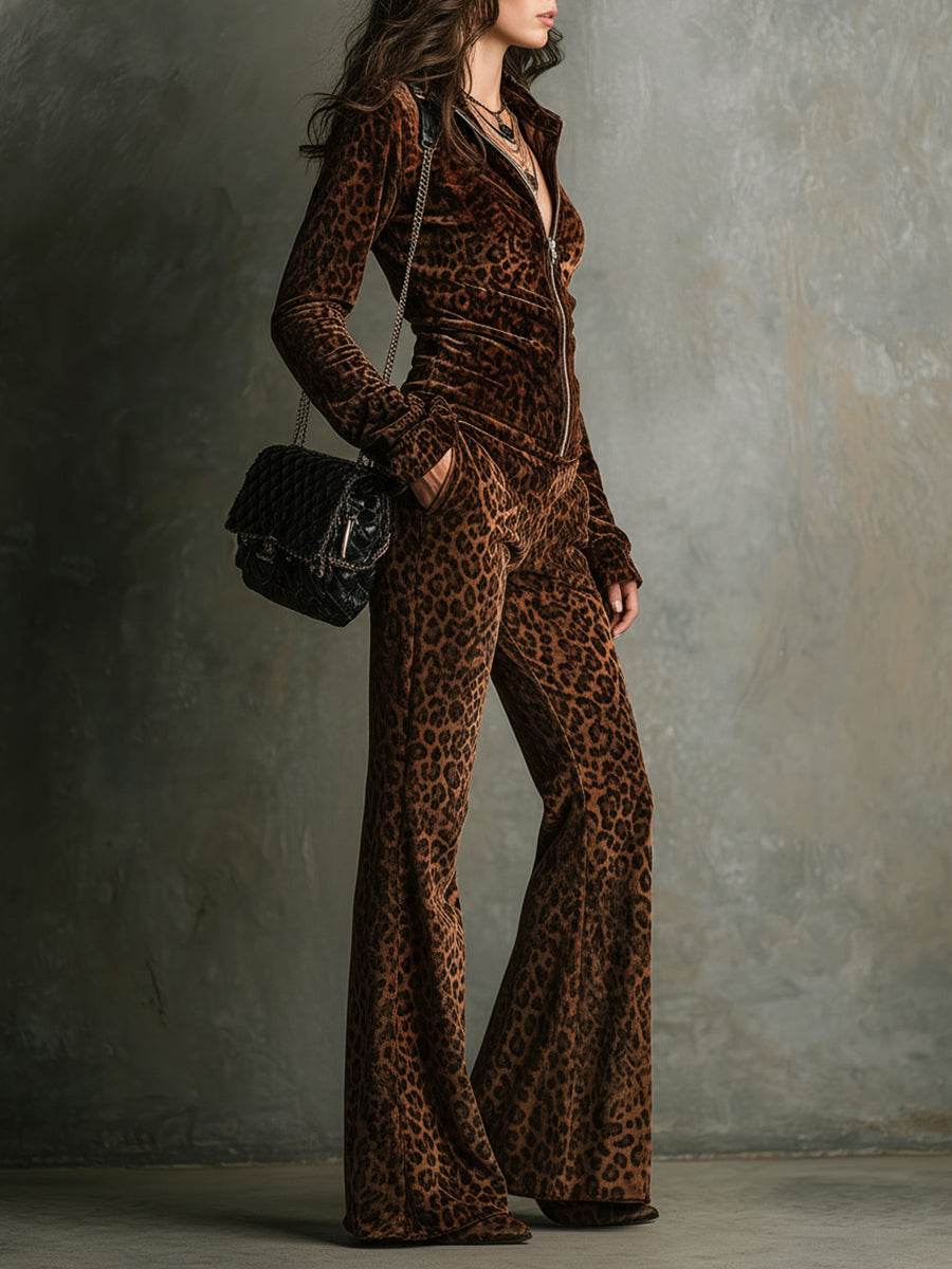 Velvet Leopard Print Stand Collar Top & Pants Set