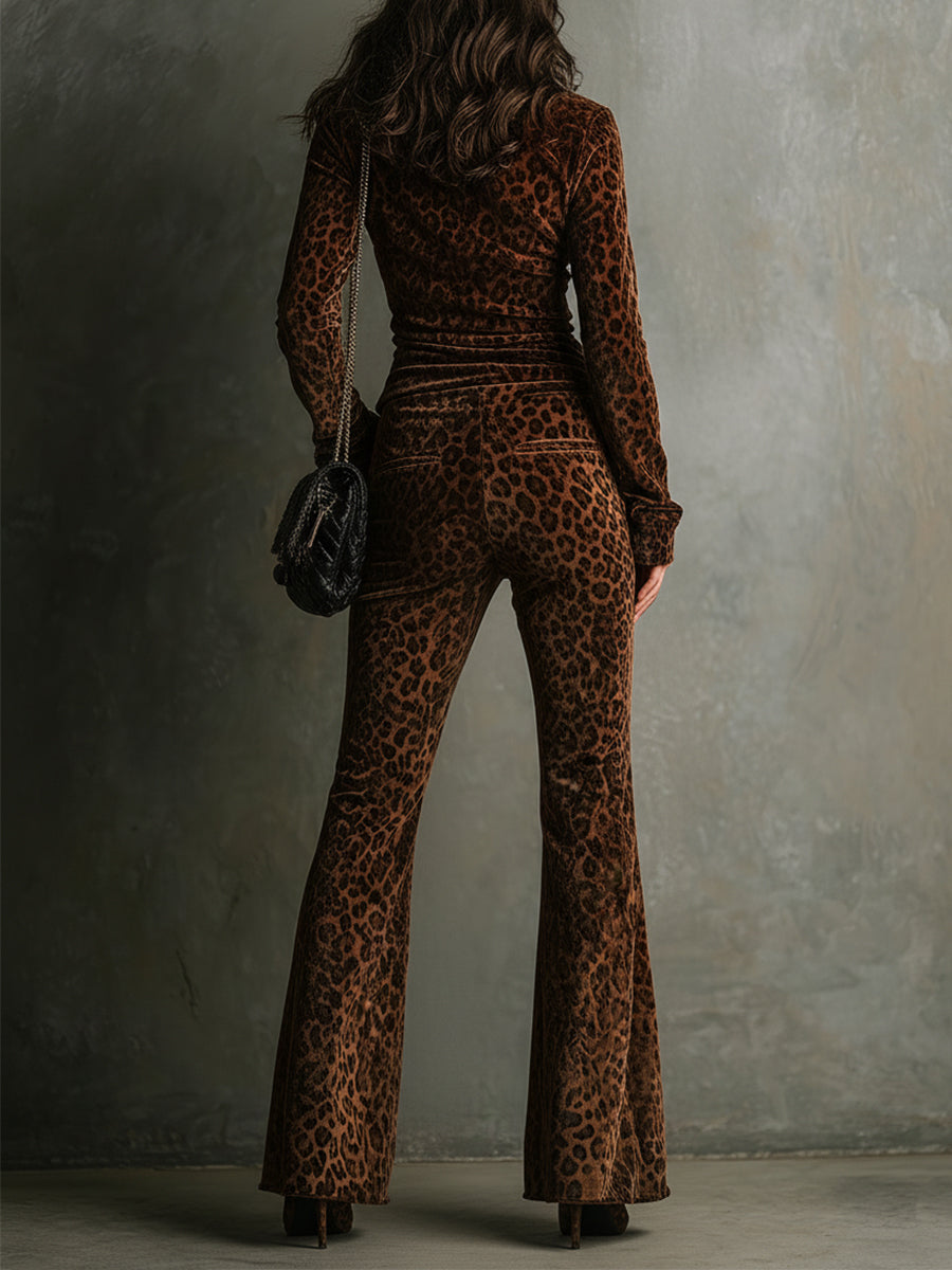Velvet Leopard Print Stand Collar Top & Pants Set