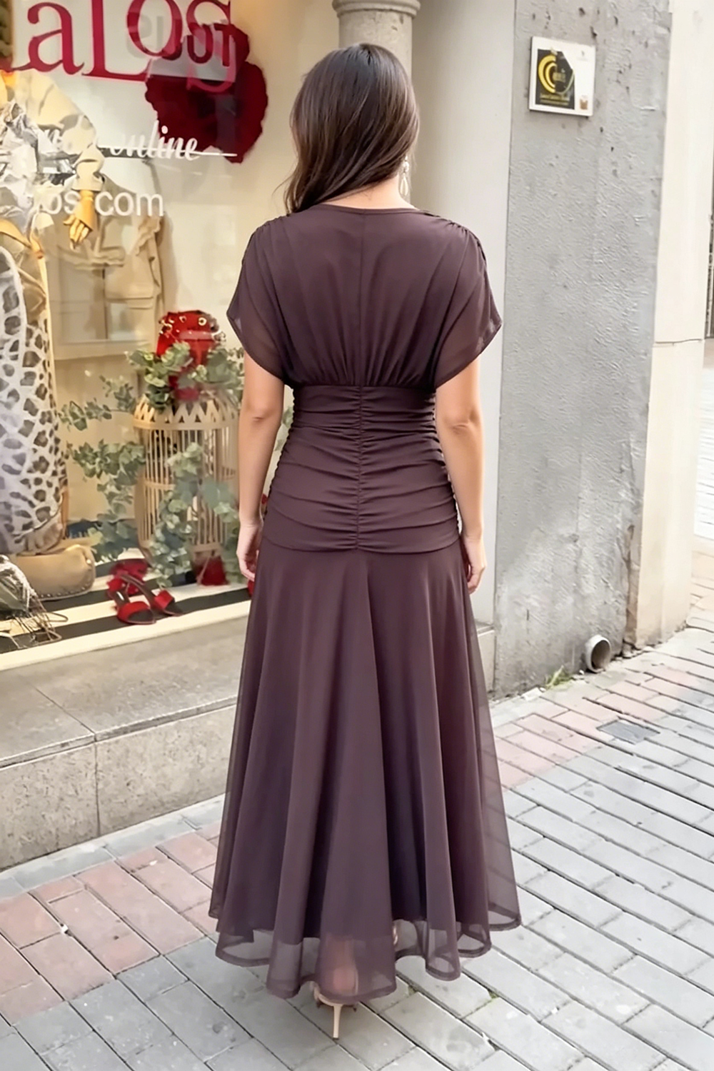 V-Neck Mesh Midi Dress