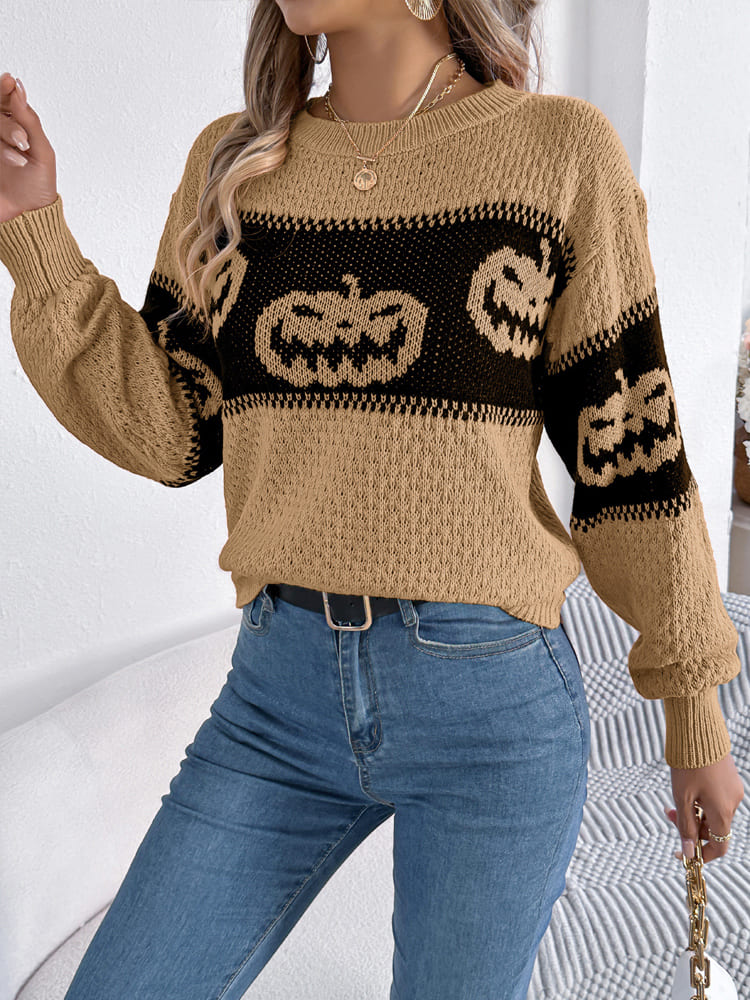 Halloween Pumpkin Head Crew Neck Knit Sweater